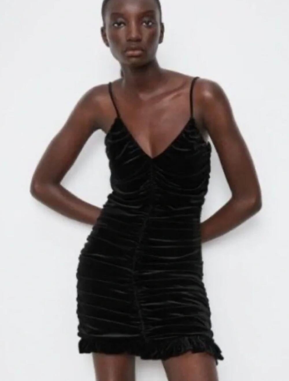 ZARA Velvet Ruched Ruffle Hem V Neck Mini Dress in Black Size L
